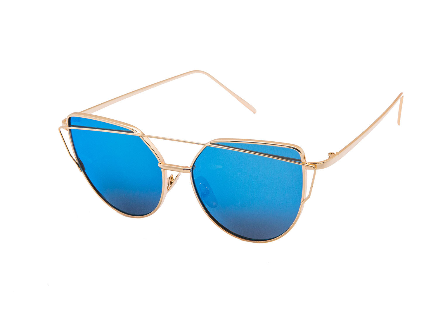 Niobe Clothing Mirrored "Samantha" Flat Lens Strikethrough Cat Eye Sunglasses in Gold Frame - Sunglasses