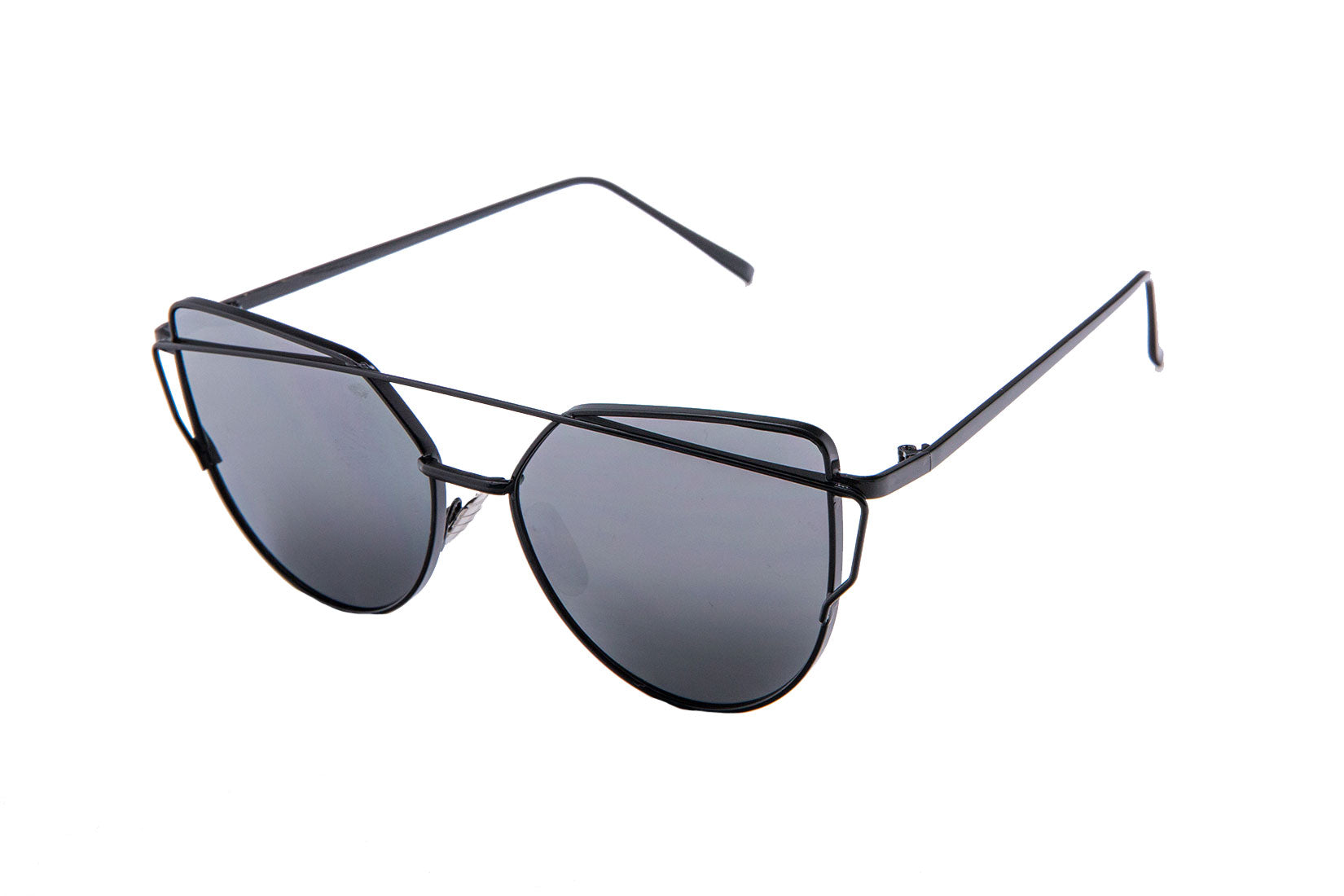 Niobe Clothing Mirrored "Samantha" Flat Lens Strikethrough Cat Eye Sunglasses in Black Frame - Sunglasses