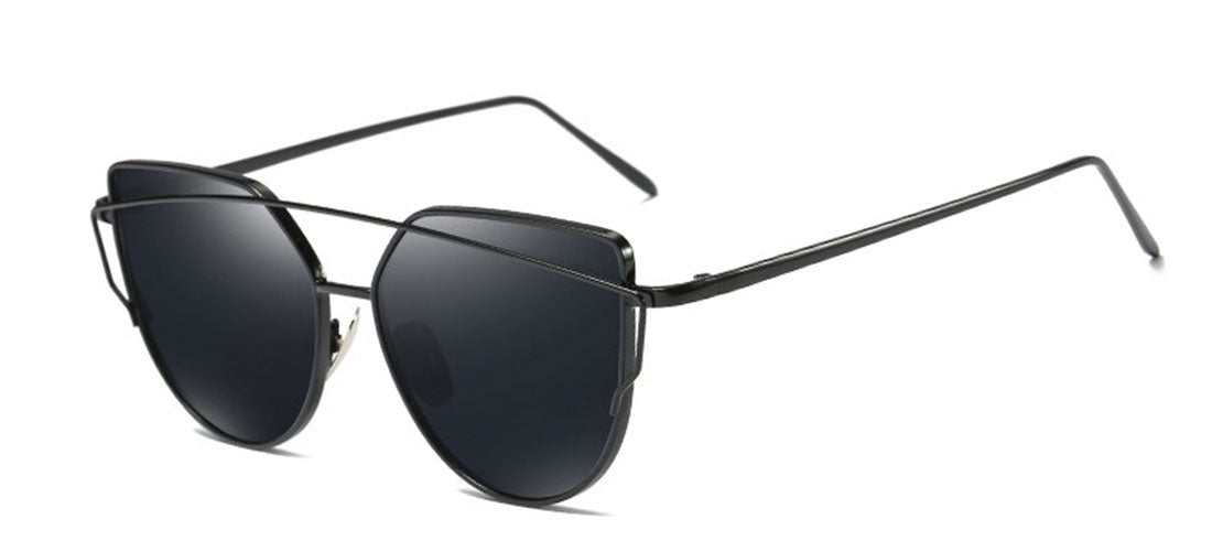 Niobe Clothing Mirrored "Samantha" Flat Lens Strikethrough Cat Eye Sunglasses in Black Frame - Sunglasses