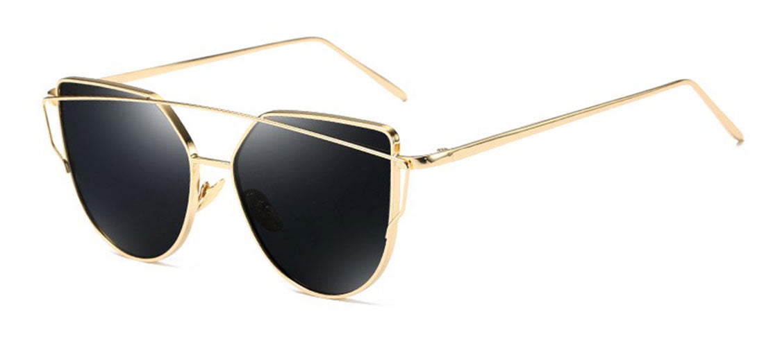 Niobe Clothing Mirrored "Samantha" Flat Lens Strikethrough Cat Eye Sunglasses in Gold Frame - Sunglasses