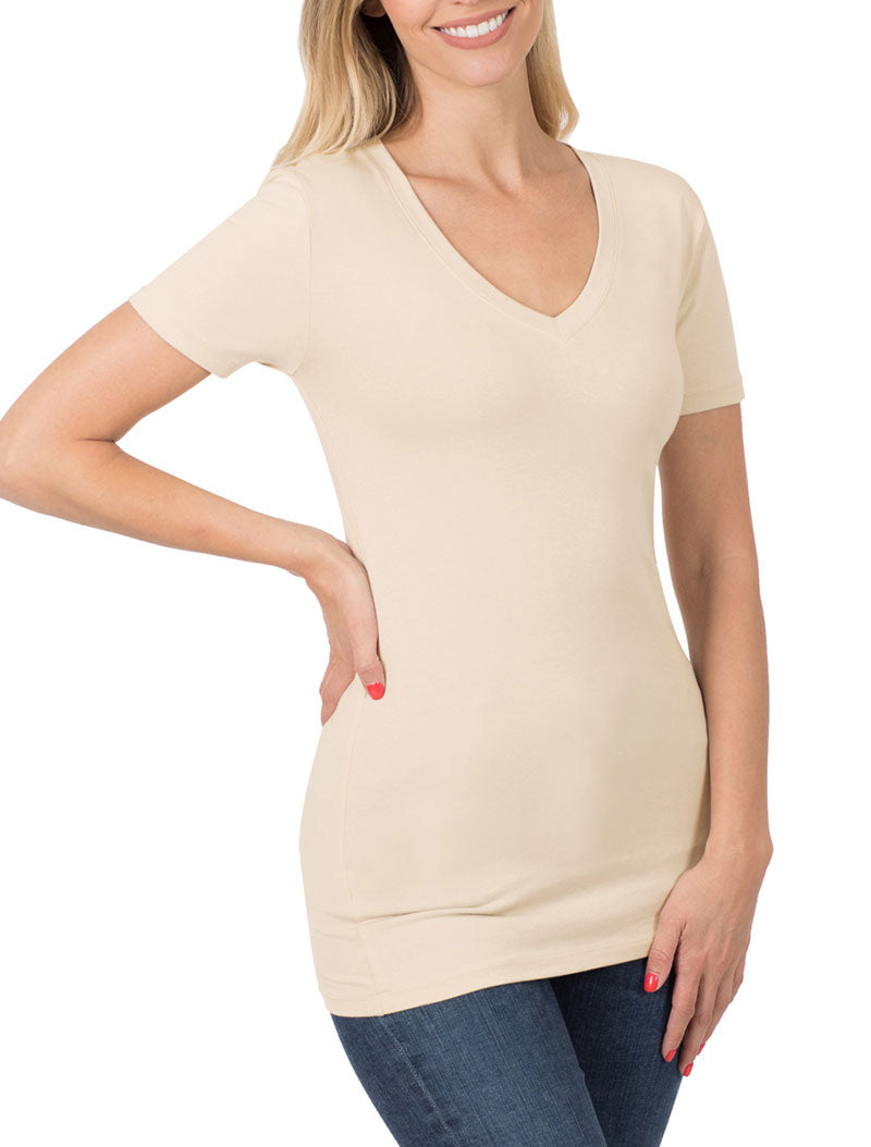 Zenana Cotton V-Neck Short Sleeve Long Tee Shirt - Shirts sb_tops