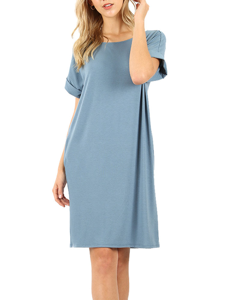 Zenana Rolled Short Sleeve Loose Tunic Shirt Dress - Tunics sb_dresses