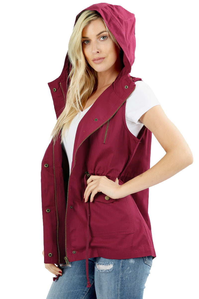 Zenana Sleeveless Utility Hoodie Military Vest - Vests sb_outerwear