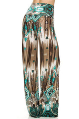 Niobe Clothing High Waisted Fold Over Wide Leg Gaucho Palazzo Pants (Teal/Brown) - pants
