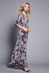 Niobe Clothing 3/4 Sleeve Dark Grey Damask Bohemian Maxi Dress - dress