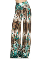 Niobe Clothing High Waisted Fold Over Wide Leg Gaucho Palazzo Pants (Teal/Brown) - pants