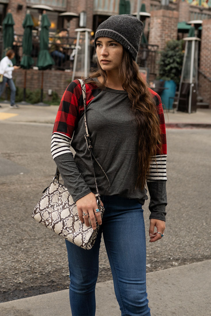 Zenana Long Sleeve Plaid Stripe Colorblock Round Neck Shirt - Shirts sb_tops