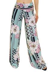 Niobe Clothing High Waist Fold Over Wide Leg Palazzo Pants (Mint Geo Floral) - pants