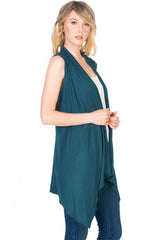 Solid Color Rayon Span Sleeveless Asymmetric Hem Cardigan Cardigans- Niobe Clothing
