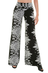 Niobe Clothing High Waist Fold Over Wide Leg Palazzo Pants (Black Baroque) - pants