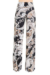 Niobe Clothing High Waist Fold Over Wide Leg Gaucho Palazzo Pants (Black/Brown Paisley) - pants