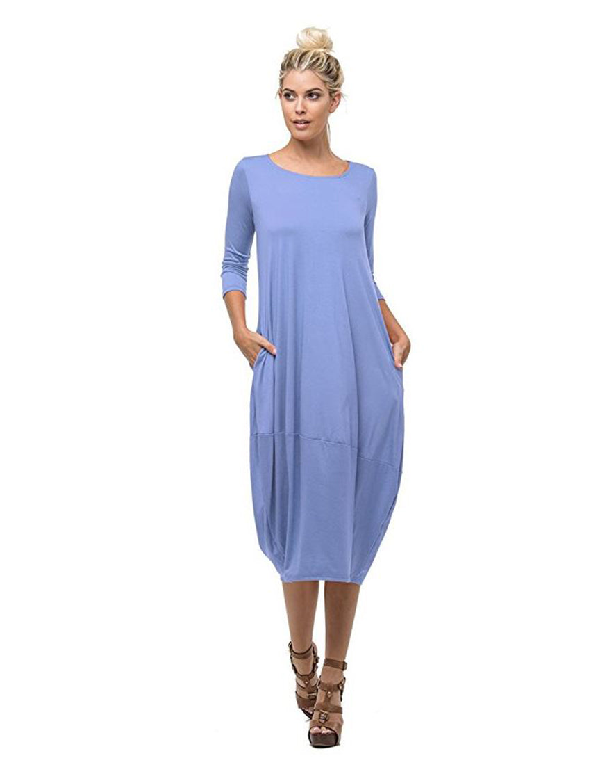 Women's Bubble Hem Midi Dress - 3/4 Sleeve Rayon Dress Made In USA (Sizes S-3X)