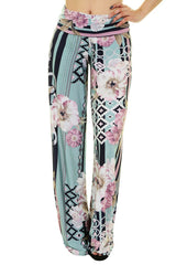 Niobe Clothing High Waist Fold Over Wide Leg Palazzo Pants (Mint Geo Floral) - pants