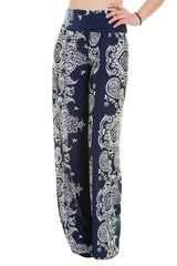 Niobe Clothing High Waist Fold Over Wide Leg Palazzo Pants (Navy Bandana) - pants