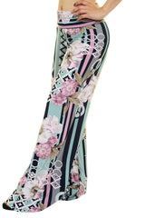 Niobe Clothing High Waist Fold Over Wide Leg Palazzo Pants (Mint Geo Floral) - pants