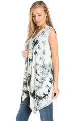 Niobe Clothing Black White Tie Dye Sleeveless Asymmetric Hem Cardigan - Cardigans
