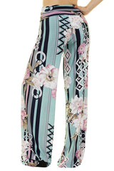 Niobe Clothing High Waist Fold Over Wide Leg Palazzo Pants (Mint Geo Floral) - pants