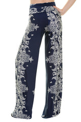 Niobe Clothing High Waist Fold Over Wide Leg Palazzo Pants (Navy Bandana) - pants