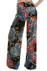 Niobe Clothing High Waist Fold Over Wide Leg Palazzo Pants (Black Regal Multicolor) - pants