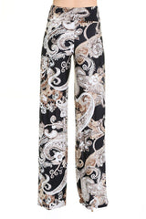 Niobe Clothing High Waist Fold Over Wide Leg Gaucho Palazzo Pants (Black/Brown Paisley) - pants