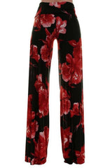 Niobe Clothing High Waist Fold Over Wide Leg Gaucho Palazzo Pants (Crimson Blossom) - pants