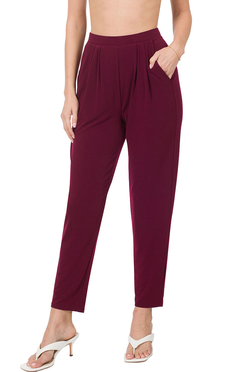 Zenana Pleated High Rise Elastic Waist Ankle Pants w/ Pockets - Trousers sb_bottoms
