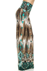 Niobe Clothing High Waisted Fold Over Wide Leg Gaucho Palazzo Pants (Teal/Brown) - pants