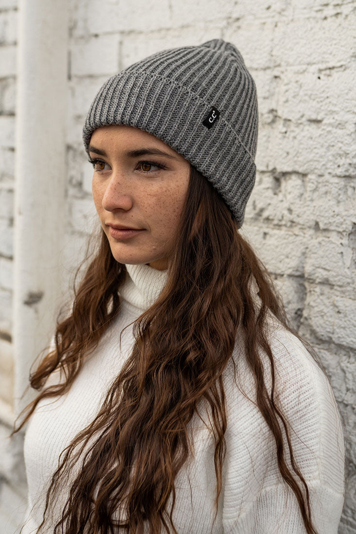 C.C. Skull Cap Ribbed Knit Fold Beanie - Hats