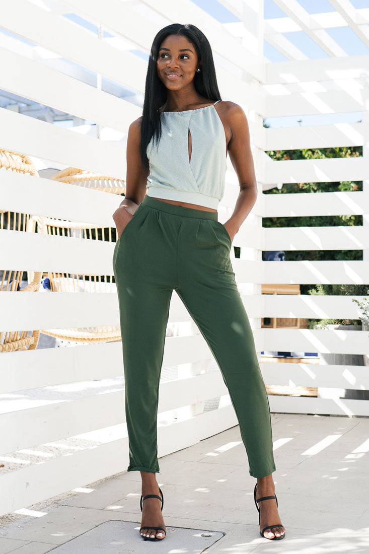 Zenana Pleated High Rise Elastic Waist Ankle Pants w/ Pockets - Trousers sb_bottoms