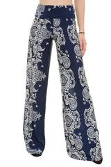 Niobe Clothing High Waist Fold Over Wide Leg Palazzo Pants (Navy Bandana) - pants
