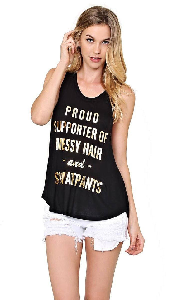 Proud Supporter of Messy Hair and Sweatpants Tank (Black/Gold) Tops- Niobe Clothing