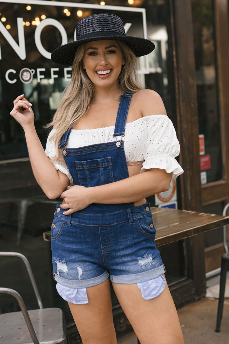 Wax Distressed Denim Shortalls - One-Pieces f_dresses