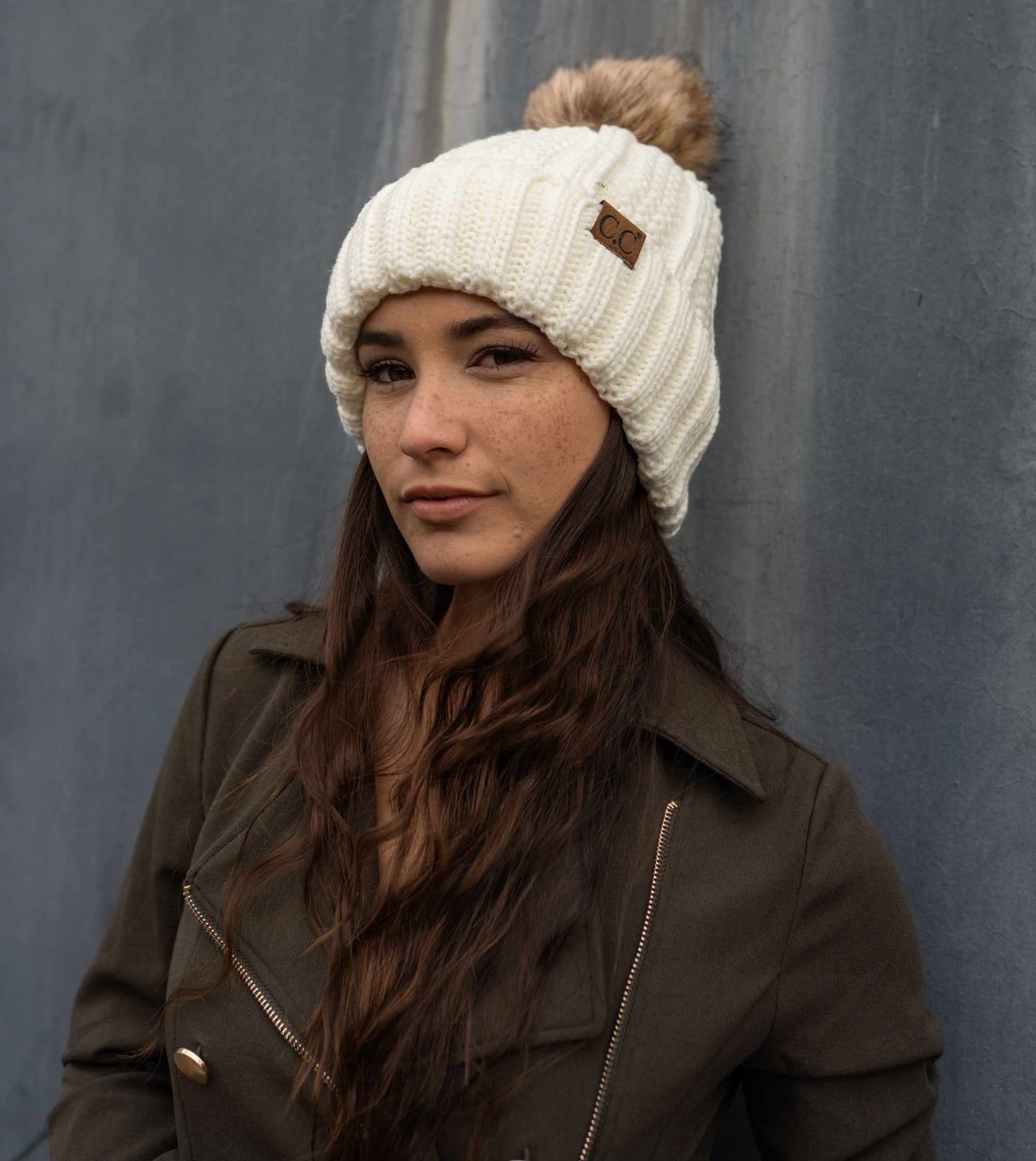 C.C. Fuzzy Faux Fur Pom Fleece Lined Beanie - Beanies Hats
